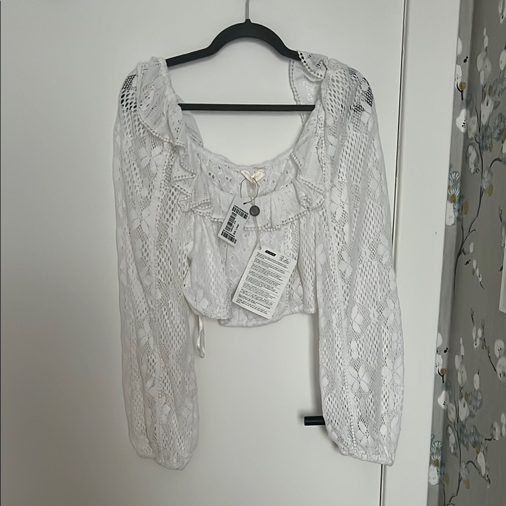 LoveShackFancy Cream Ruffled Tie Front Blouse